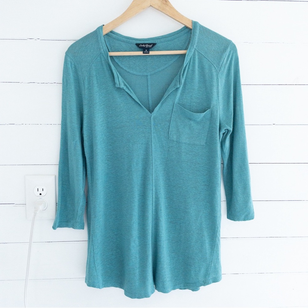 Lucky Brand Teal Split Neck 3/4 Sleeve Linen Top